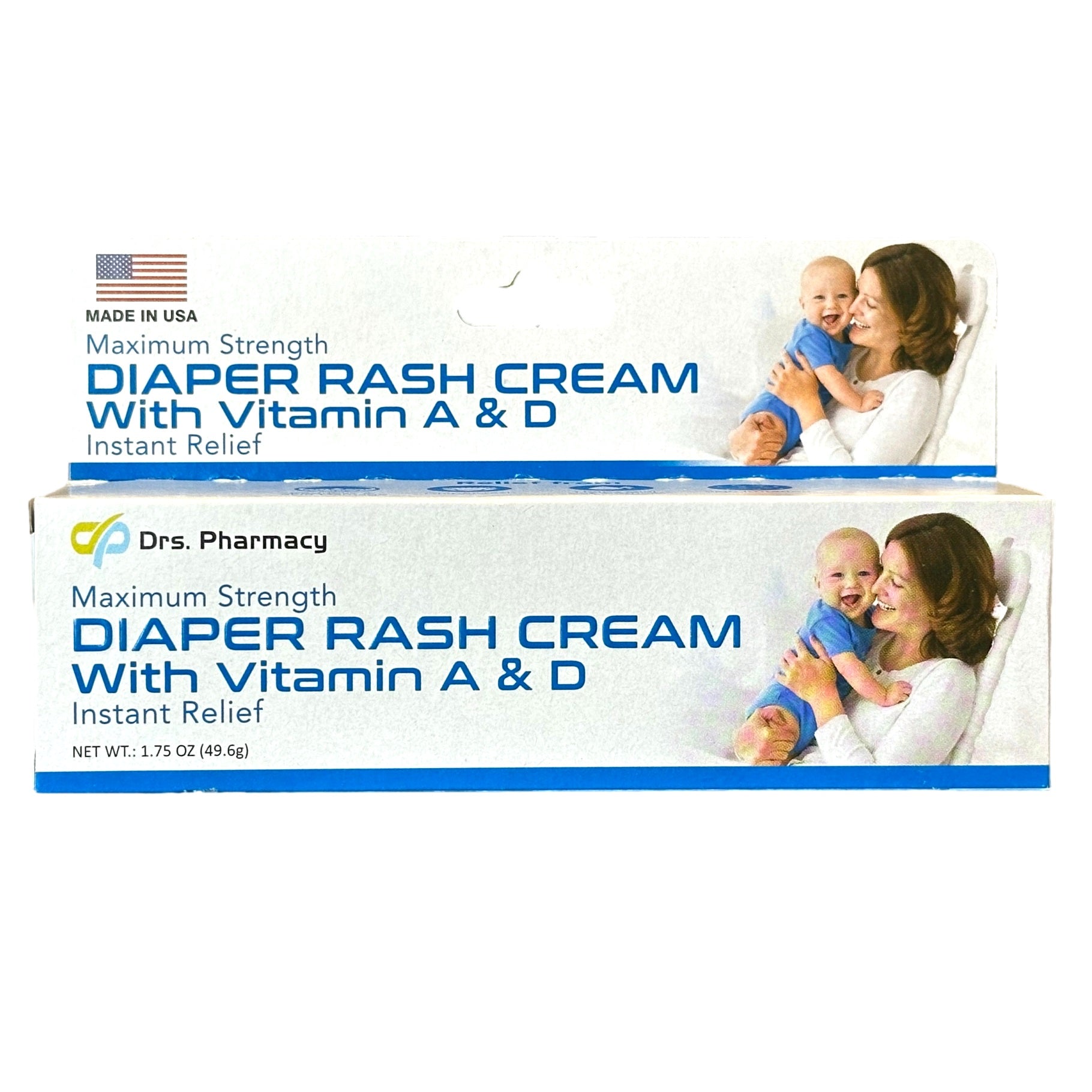 Two boxes of "Drs. Pharmacy Diaper Rash Cream" feature a mother and baby on the front. One box has a "Made in USA" emblem. The boxes are blue and white.